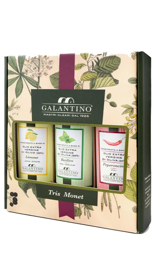 Olio Tris Monet 500ml Astuccio - Basilico - Peperoncino - Limone - Galantino